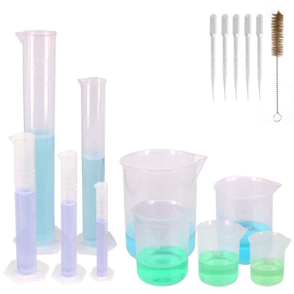 Belinlen 10 Pack Plastic Cylinders and Beakers Set, Including 5 Pack Clear Plastic Graduated Cylinders (10, 25, 50, 100, 250ml) and 5 Pack Plastic Beakers Set (50, 100, 250, 500, 1000ml)