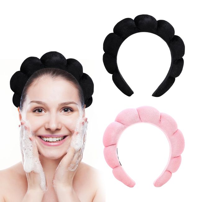 SYEYCW 2 Pcs Spa Headband for Women Sponge, Soft Terry Towel Cloth Fabric Head Band, Cute Puffy Makeup Headband, for Skincare, Face Washing, Makeup Removal, Workout, Shower, Facial Mask (Black, Pink)