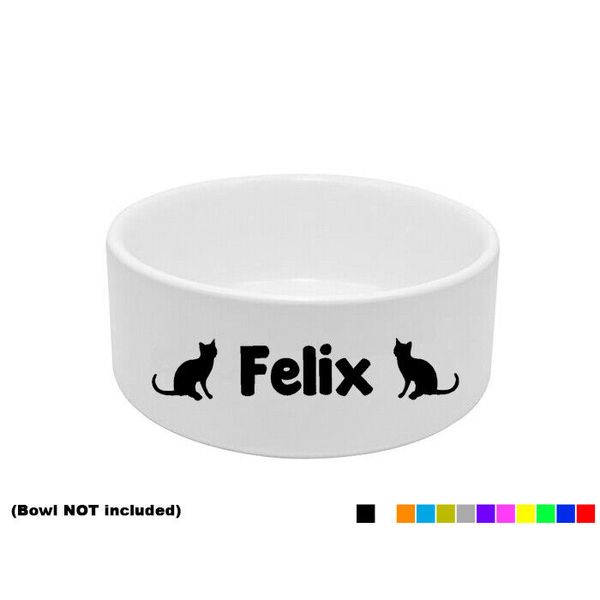 2x PERSONALISED CAT BOWL STICKERS DISH CUSTOM PET KITTEN FOOD WATER TREAT DECALS