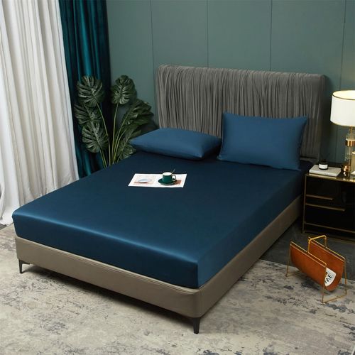 3 Pcs Cooling Fitted Sheet Queen Size Navy Blue, 100% Viscose Derived from Bamboo Bed Bottom Fitted Sheet Set with Elastic Deep Pocket, Summer Soft Breathable Silky Smooth Mattress Protector Cover