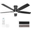 52 Inch Flush Mount Black Ceiling Fan with Light and Remote Control.Noiseless,Di