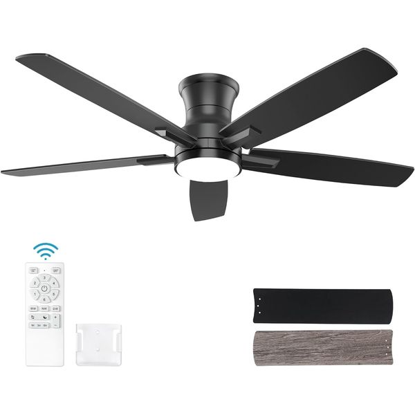 52 Inch Flush Mount Black Ceiling Fan with Light and Remote Control.Noiseless,Di