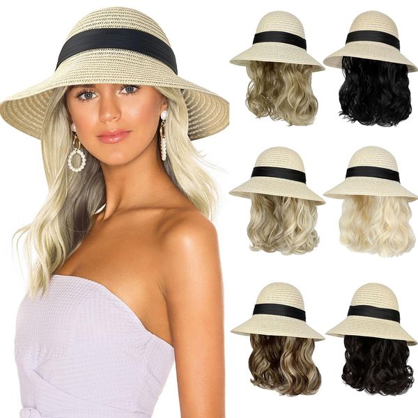 Lansigreen Sun Hat with Hair Extensions Hat Wig UPF 50+ Foldable Wide Brim Straw Beach Hat Attached 9" Wavy Hairpiece Synthetic for Women Summer Ash Blonde Mix Bleach Blonde