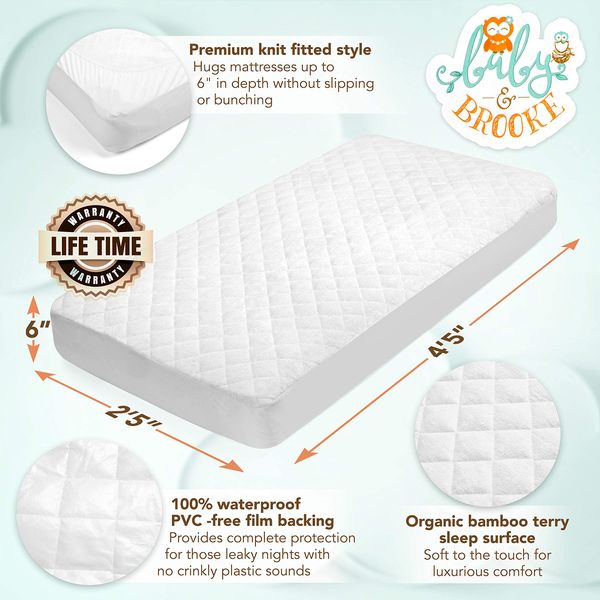 Organic Bamboo Fitted Crib Mattress Protector Pad by Baby&Brooke – 100% Waterproof, Absorbent, Non-Toxic, Breathable Mattress Cover - (52"x 28"x 8") White