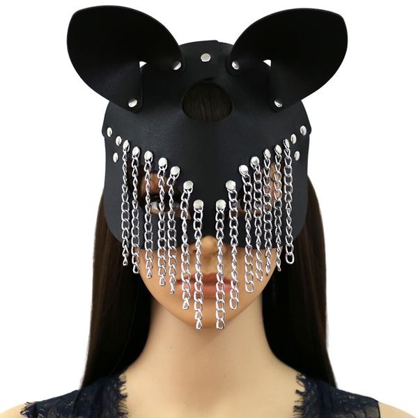 Moonlove PU Leather Cat Mask with Chain Tassels for Women Men, Costume Cosplay Halloween Mask Mysterious Half Face Punk Mask for Carnival Night Club Rave Christmas Party