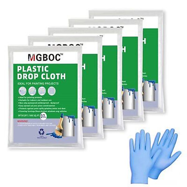 5 Piece Painter Plastic Drop Cloths Sheet,9x12 Feet Waterproof Anti-dust Furn...