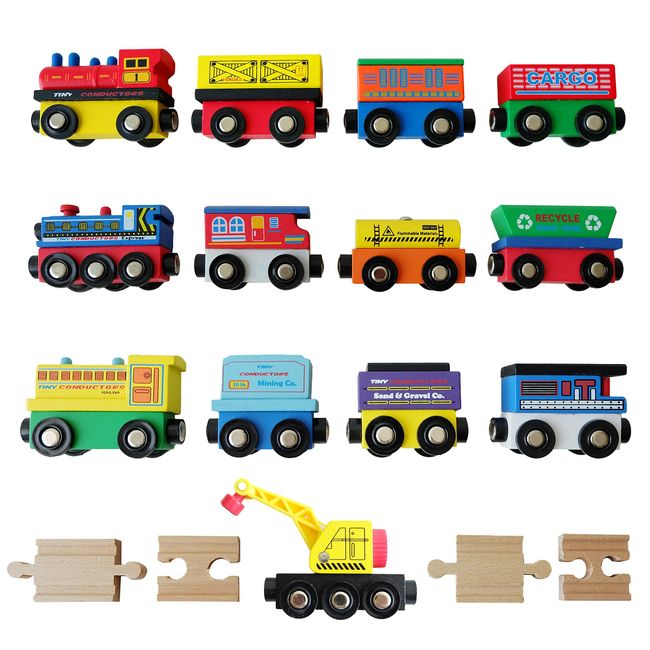 Tiny Conductors 12 Wooden Train Cars, 1 Bonus Crane, 4 Connectors, Locomotive Tank Engines and Wagons for Toy Train Tracks, Compatible with Thomas Wood Toy Railroad Set