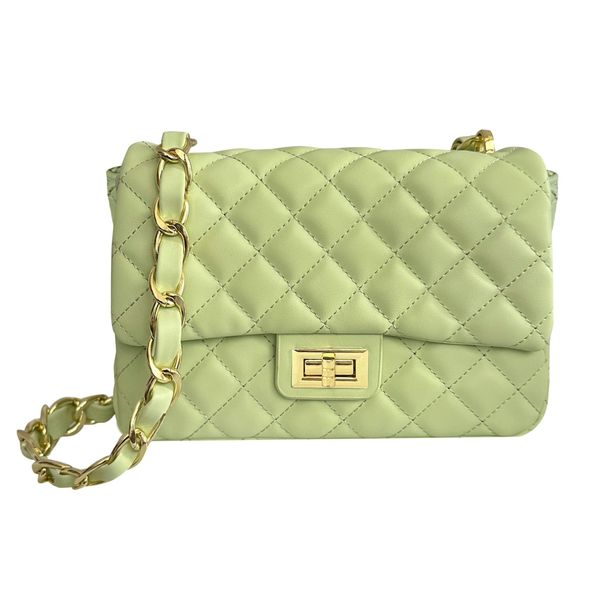 Pretty Seamless Medium Quilted Leather Crossbody Bag, Designer Soft Shoulder Light Purse, Outer Back Pocket (Mint)