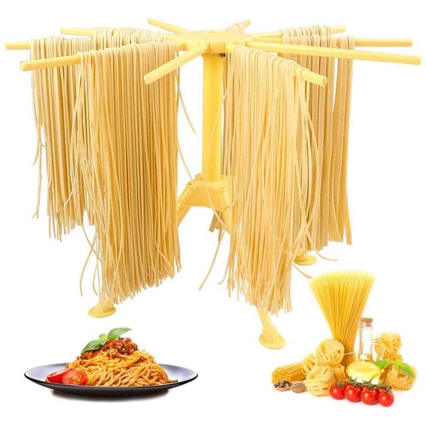 Pasta Drying Rack Collapsible,Fresh Noodles Hanging Stander,Household Pasta Drying Tool for Kitchen,Foldable Plastic Noodles Stander Spaghetti Holder Stand with 4 Legs and 10 Arm Handles (Yellow)