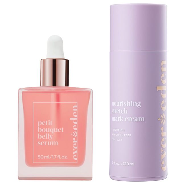 Evereden Postpartum Glow Duo - Petit Bouquet Belly Oil & Nourishing Stretch Mark Cream - Dermatologist-Developed Clean & Vegan Maternity Skincare Postpartum Gifts for New Mom - Stretch Mark Reduction