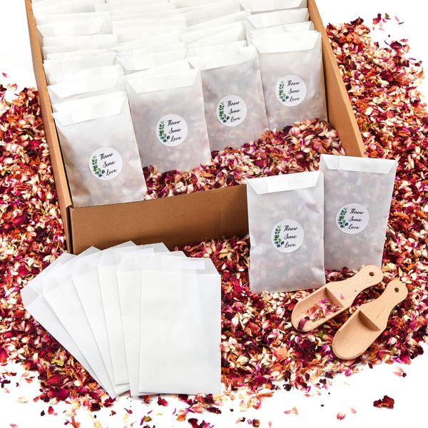 Tenare 100 Sets Wedding Confetti Bags Kit for 95-100 Guests, Includes Natural Dried Flower Rose Petals Glassine Confetti Bags Stickers Wooden Scoop and Display Box for Engagement Anniversary (Stylish)