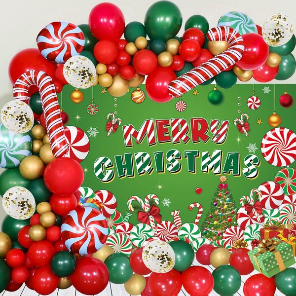 Merry Christmas Party Decorations Set, Include Christmas Balloon Garland Arch Kit, Merry Christmas Photography Backdrop Banner for Xmas Candy Cane Theme Holiday Party Decoration Supplies