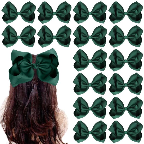 16 PCS Bow Hair Clips for Girls, Hair Bow Clips Barrettes, Green Soft Ribbon Hair Bows Knots Clips for School Hair Accessory, Party, Cheerleading (Bottle Green)