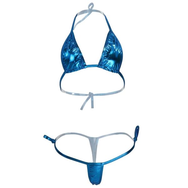 Black Omen bs207 Women's Micro Bikini, Cosplay, Fluorescent, Metallic, Shiny, Micro Swimsuit Set, Sexy Thong, YS921-mu-Solid Light Blue