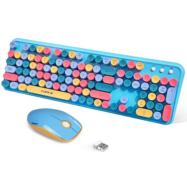 FOPETT 2.4GHz Wireless Keyboard and Mouse Set with Switch Button - Full-Size Keyboard - Compatible for Windows/Laptop/PC/Notebook/Smart TV and More - Blue Colorful