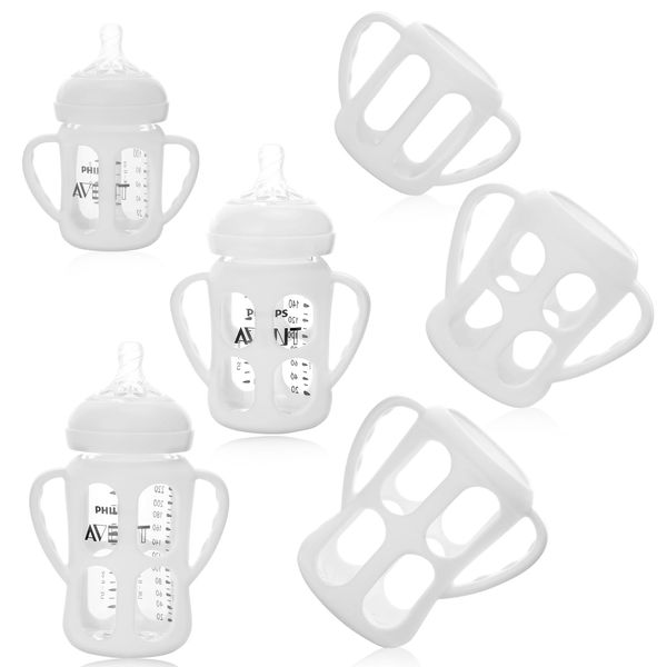 Palksky Baby Bottle Holder for Philips Avent Anti Colic Bottles and Natural Baby Bottle, 3 Pack (4oz, 8/9oz, 11oz) Silicone Anti-Fall Protective Case with Handle for Glass Bottle