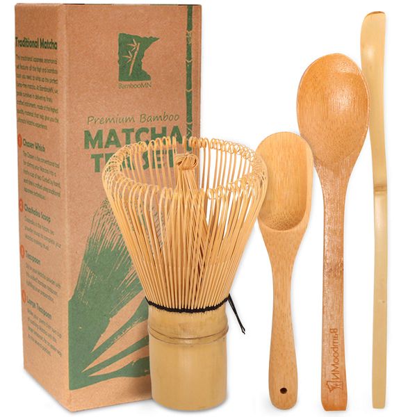 BambooMN Matcha Whisk Set - Golden Chasen (Tea Whisk) + Chashaku (Hooked Bamboo Scoop) + Tea Spoon - 1 Set - Premium Matcha Set to Prepare a Traditional Cup of Matcha