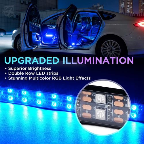 Xprite Double Row RGB LED Car Interior Bluetooth Light Strips Wireless Remote Control, Music Sync Under Dash Footwell Neon Lighting Kit w/USB Cable, Universal for Vehicle Internal, SUV, Trucks