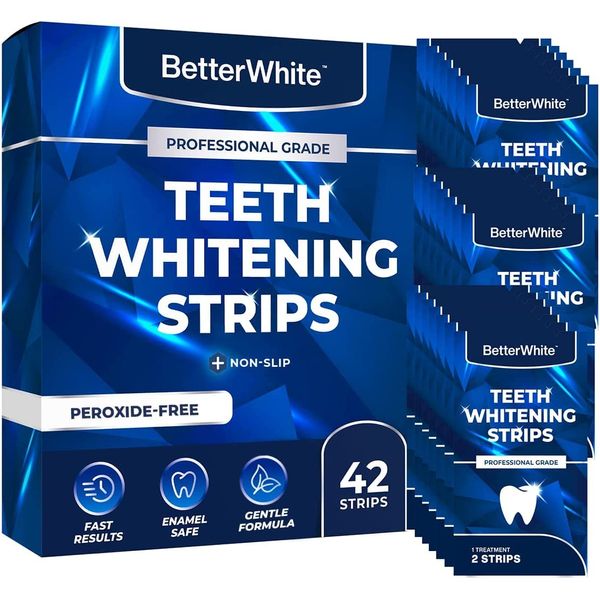 BetterWhite Teeth Whitening Strips 21 Treatments - Enamel Safe - Whitening Without The Sensitivity - 42 Peroxide-Free Whitening Strips - Dentist Formulated Teeth Whitening Kit + Mouth Opener Included