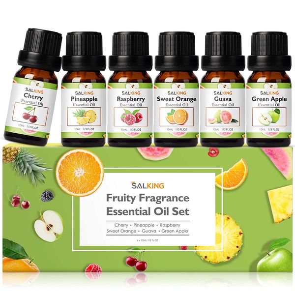 SALKING Fruity Essential Oils Set, 6 x 10ML Essential Oil Gift Set Fragrance Scented Oils for Diffuser Candle Making - Pineapple,Guava,Raspberry,Green Apple,Orange,Cherry