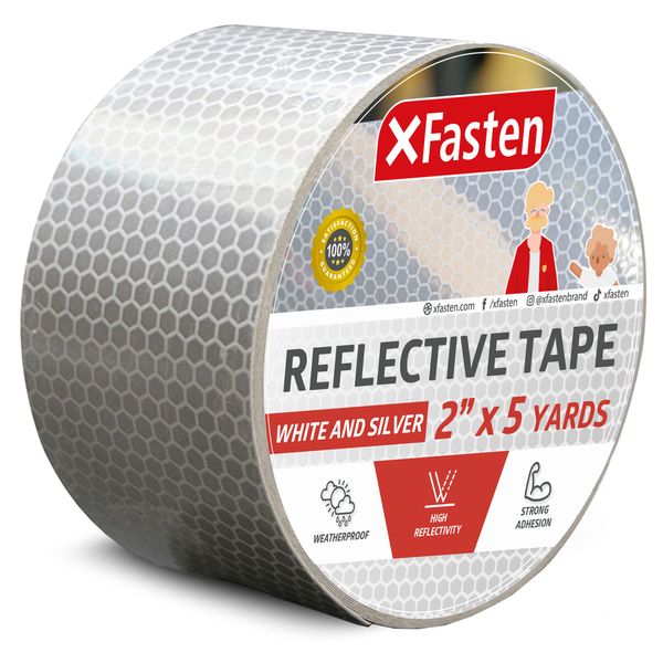 XFasten Reflective Tape, White and Silver, 2 Inches by 5 Yards (50.8mm x 68.58m) - High Intensity - DOT-C2 Safety Tape Waterproof Conspicuity Trailer Reflector