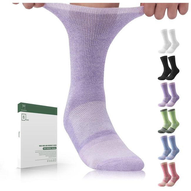 Bulinlulu Diabetic Socks for Women&Men-6 Pairs Non Binding Diabetic Crew Socks Size 6-9|9-11,Wide Non Skid Stretchy Loose Socks with Seamless Toe(Medium,Bright Colors-6 Pairs)