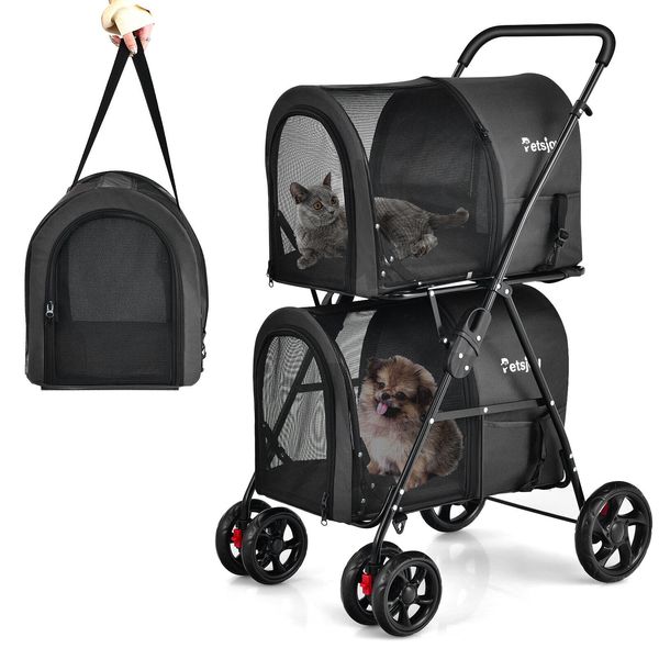 4-in-1 Double Pet Stroller w/ Pet Crate & Car Seat Carrier & Carrier Bag for