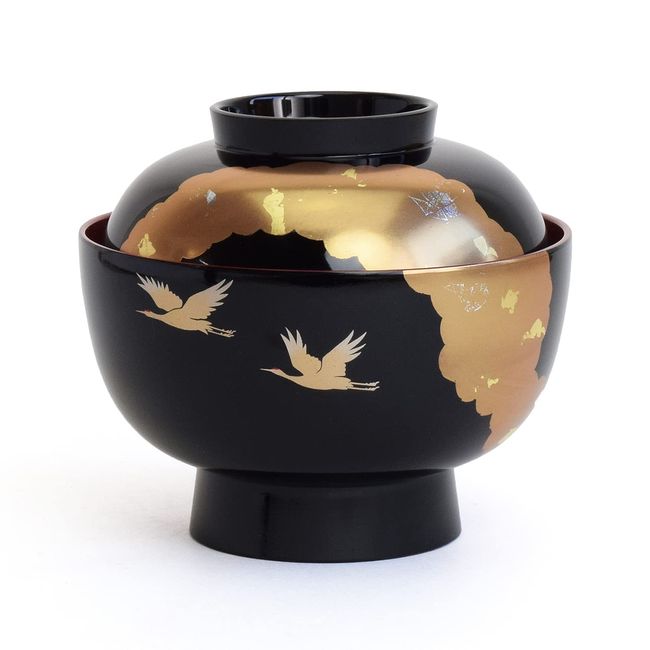 3T-423 Maeju Lacquerware Zoni Bowl with Lid, Bright, Black Vermilion, Crane, Phopite, Large, 15.9 fl oz (450 ml), Traditional Crafts, Yamanaka Lacquerware, Made in Japan