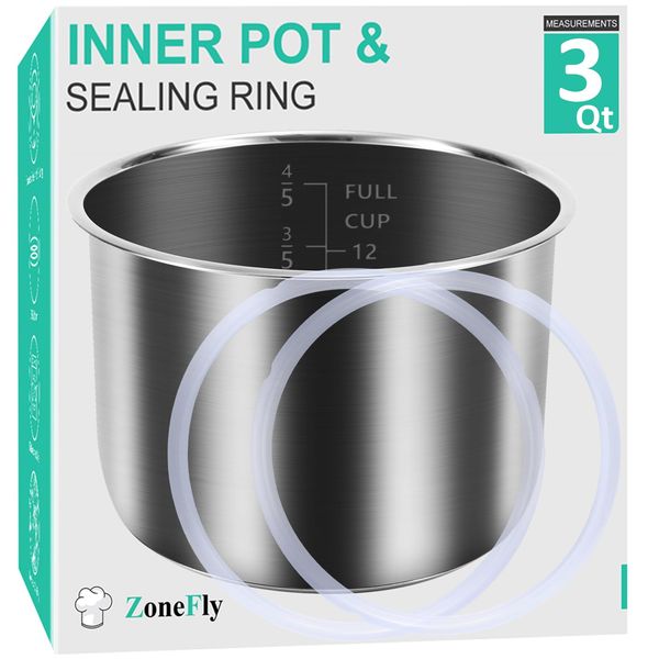 Inner Pot for Instant Pot 3 Quart Replacement, Durable Stainless Steel Cooking Pot Liner with Polished Surface & Easy to Clean - Compatible with 3Qt Instapot, Rice Cooker, Includes 2pcs Seal Rings