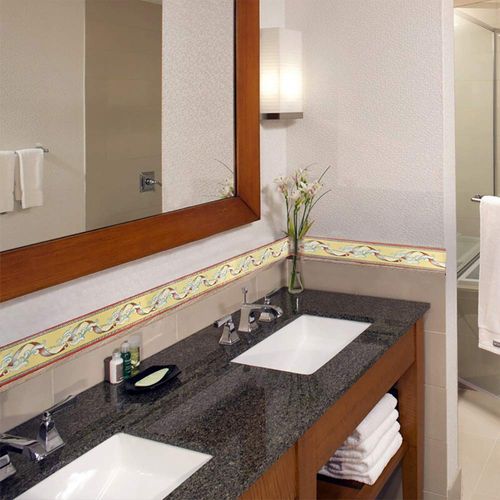 Dundee Deco Wallpaper Border Peel and Stick BD3216 - Abstract Red Stripe Greenish Vines Chartreuse Yellow Wallpaper Border Retro Design, Roll 33 ft. x 4 in. (10m x 10cm), Self Adhesive