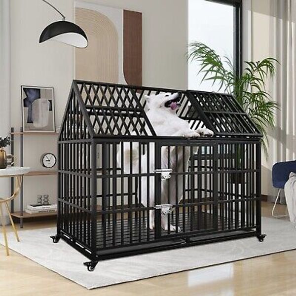 54" Heavy Duty Metal Dog Kennels and Crates for Large Dogs Top Open with Wheels