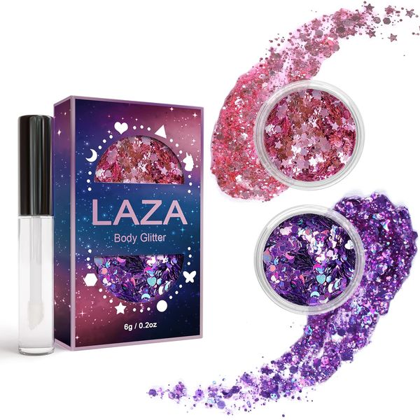 Laza Body Glitter, 2 Jars Holographic Chunky Sequins with Glitter Glue for Women Girls Eyeshadow Makeup Face Paint Festival Rave Outfits Hair Concert Accessories Carnival Party Costumes - Pink Violet