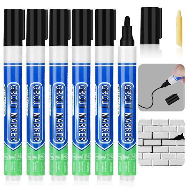 Flintronic 6PCS Grout Pen, Black Tile Paint Marker with Replacement Nib, Tiles Grout Pen Wall Repair Pens, Tile Grout Reviver Pens for Bathrooms Kitchen Floor Tile, Wall Lines