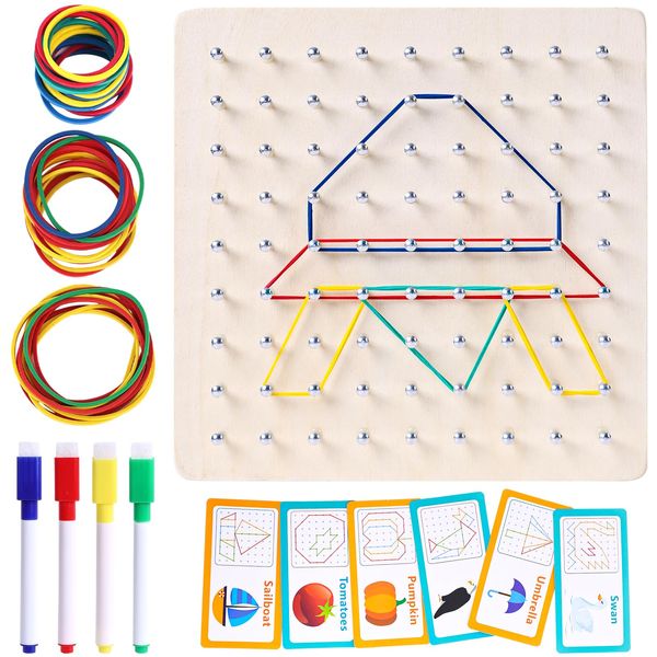 AMOR PRESENT Wooden Geoboard,Graphical Educational Toy Montessori Toys for Kids Brain Teaser Geo Board with Rubber Bands for Boys Girls