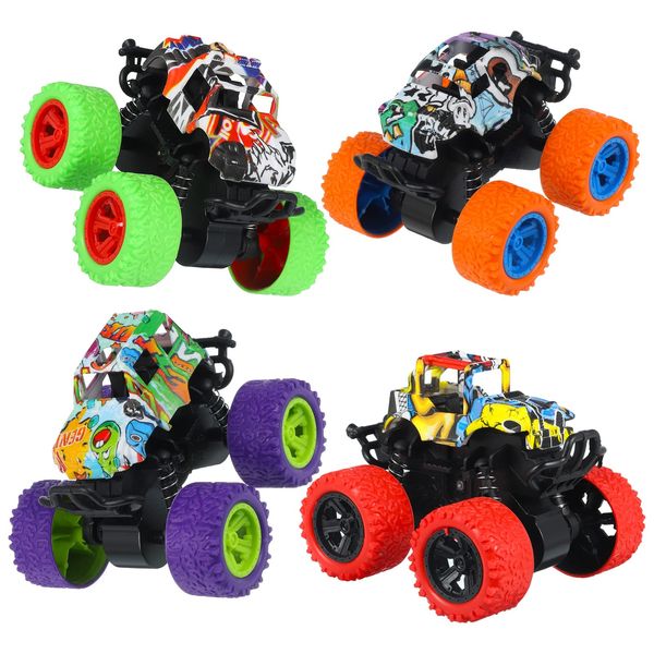 Pinenuts Monster Trucks, 4 Pack Monster Inertia Truck Pull Back Trucks Inertia Toy Cars 360° Rotation Friction Powered Cars Off-road Vehicles Birthday Gifts for 3 4 5 6 year old Kids Boys Girls