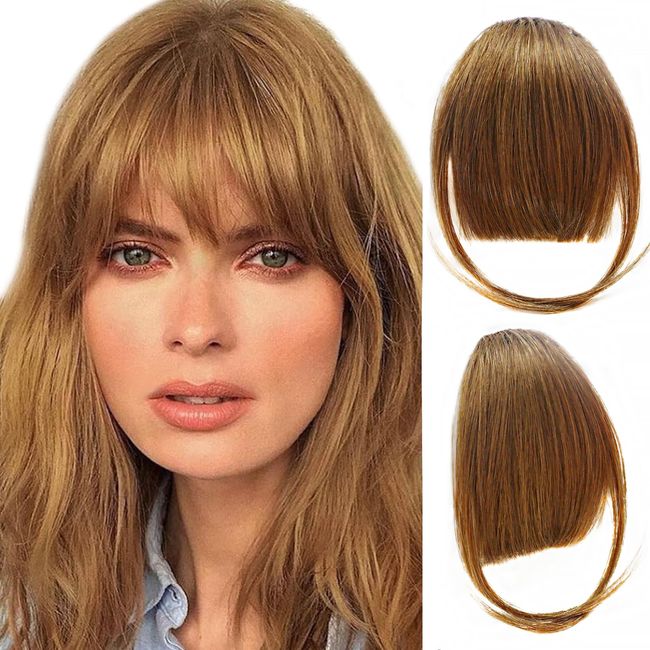 DAN NING Clip in Bangs, Real Human Bangs Hair Hairpieces Light Brown Curved Wispy Bangs Fake Bangs Clip on Air Bangs for Women Daily Wear