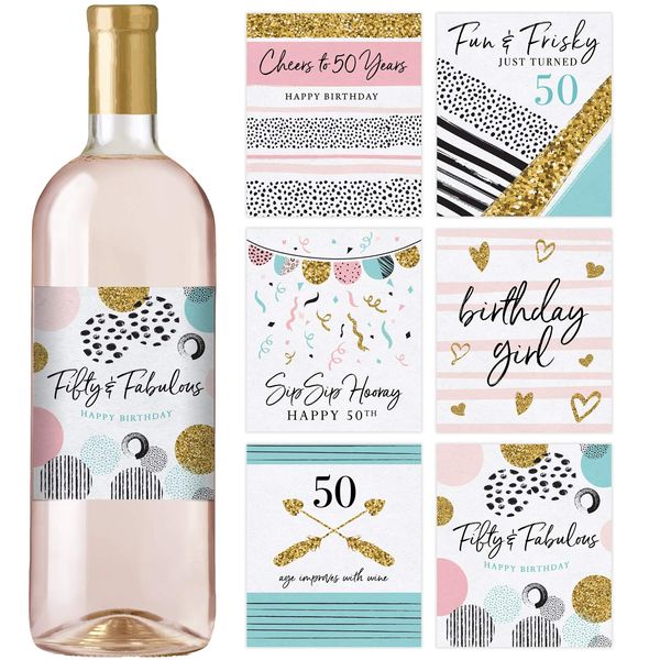 Printed Party 50th Birthday Wine Bottle Labels, Pink and Gold, Set of 6