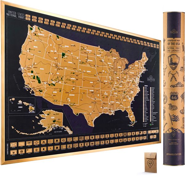 Scratch Off Map of the United States National Parks - 24x17 Scratch Off USA Map Poster with National Parks, Landmarks, Highest Peaks, and State Flags - USA Scratch Off Map for Outdoor Enthusiasts