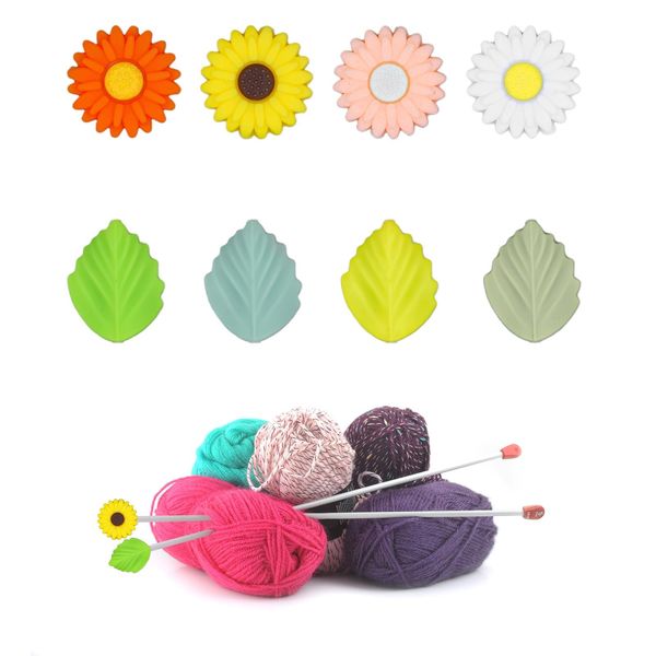 8pcs Silicone Knitting Needle Stoppers, Colorful Daisy Leaves Knitting Needles Point Protectors Knitting Needle Caps for Knitting Projects Sewing Quilting Crocheting DIY Art Crafts