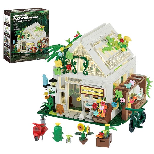 WSNPTUL Flower House Building Blocks Set- Mini Garden Greenhouse,Flower Shop Building Kit with LED Lights,Creative Building Playset Toy,Valentines Day Gifts for Adults or Girls 6-12 Years