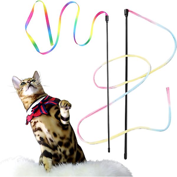 2 Pieces Interactive Cat Rainbow Wand Toys, Kitten Ribbon Toys, Colorful Cat Str