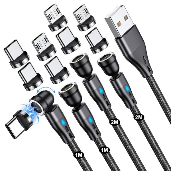 TUNKIA Magnetic Charging Cable 4-Pack[1M/1M/2M/2M], 7PIN 540° Rotating Magnetic Phone Charger Cable Fast Charger and Data Transfer for Micro USB, USB C and i-Product Device