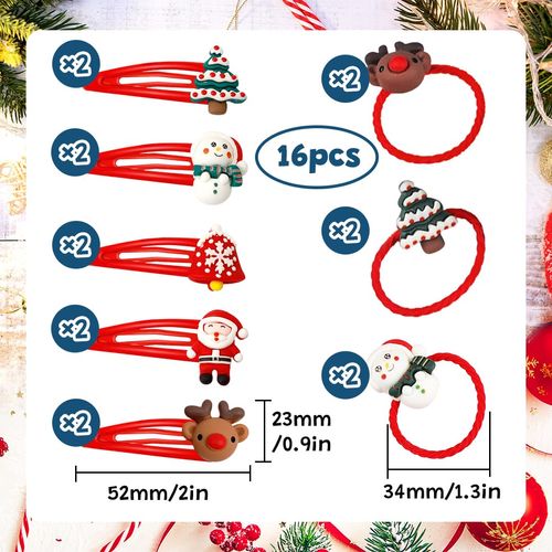 Christmas Hair Accessories, Hair Clips, Pack of 16 Hair Clips, Hair Bobbles, Gifts for Children, Girls, Women, Christmas Decorative Hair Accessories, Reindeer Clips, Hair Band (Red)