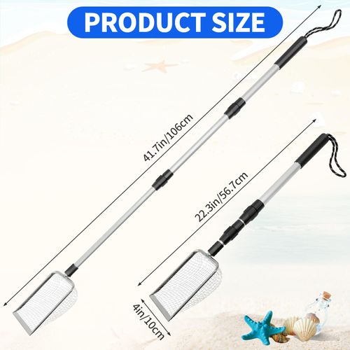 Mowouhn 2 Pcs Shark Tooth Sand Sifter, Shell Scooper for Beach, Shovel and Shelling Tools with Retractable Long Handle for Picking Up Shells, Shark Tooth Sifter Dipper for Adult