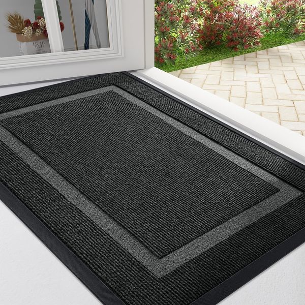 OLANLY Front Door Mat Indoor Outdoor Entrance, Waterproof All-Season, All-Weather Doormat, Durable Natural Rubber, Fade Resistant, Low Profile, Easy Clean Patio Porch Entryway Mat, 29.5x17, Black