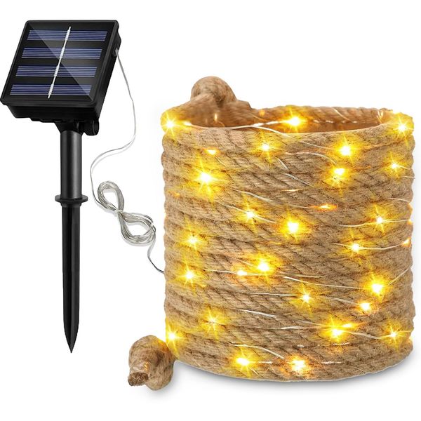 Solar Fairy Lights Rope, 15 m Solar Rope Lights, 300 LED Garden Light, Solar Hemp Rope Fairy Lights, Warm White Illuminated Lamp, Solar Fairy Lights Outdoor Weatherproof, Waterproof Fairy Fairy Lights