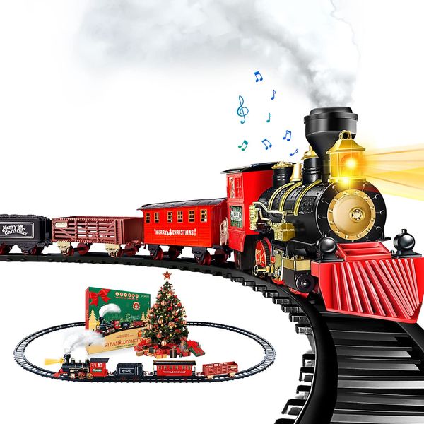 OCHIDO Train Set - Christmas Train Sets for Under The Tree, Electric Train Toy Gift for Boys Girls, with Railway Kits,Cargo Cars & Tracks,Light,Smokes & Sound,for 3 4 5 6 7 8+ Year Old Kids