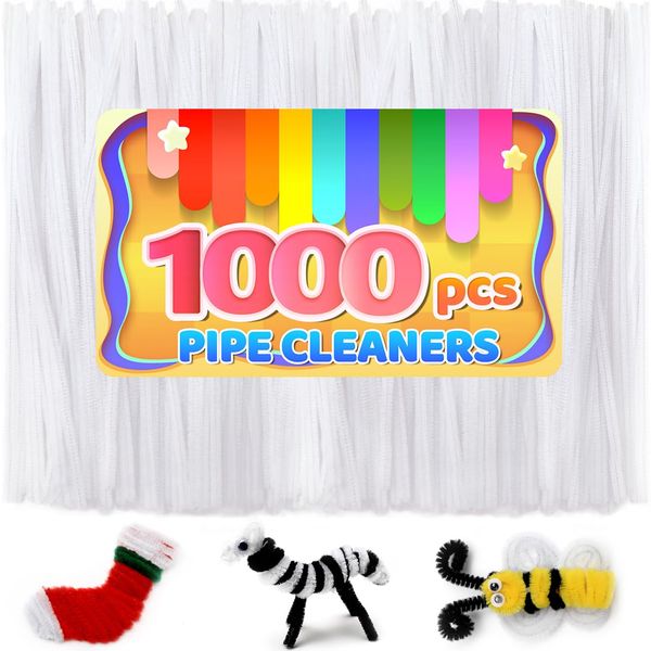 Iooleem 1000pcs White Pipe Cleaners, Chenille Stems, Pipe Cleaners for Crafts, Pipe Cleaner Crafts, Art and Craft Supplies.