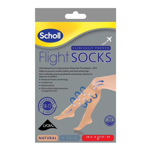 Scholl Flight Socks - Clinically Proven Compression Socks for Flight Travel - Help Prevent Swollen Ankles and Deep Vein Thrombosis (DVT) - Sheer - Size 4-6, 1 Pair