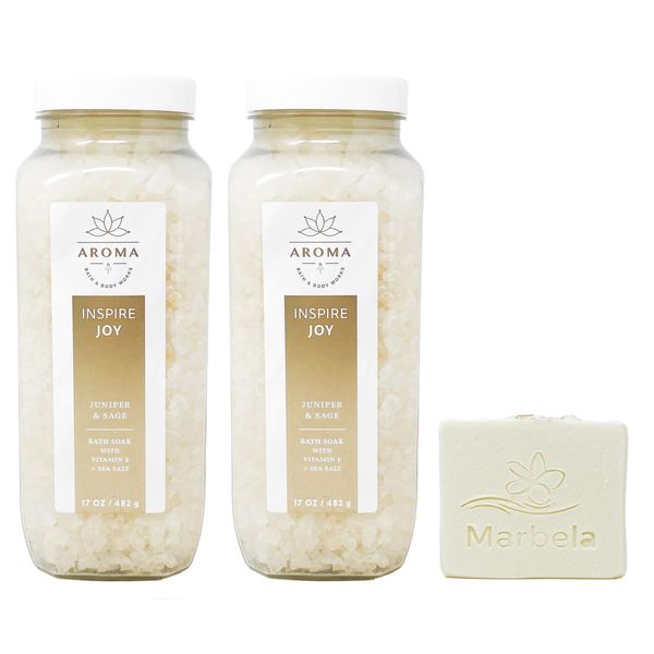 Bath & Body Works Aromatherapy Inspire Joy Juniper & Sage - 2 Pack of Bath Soak with a Natural Oats Sample Soap., Golden